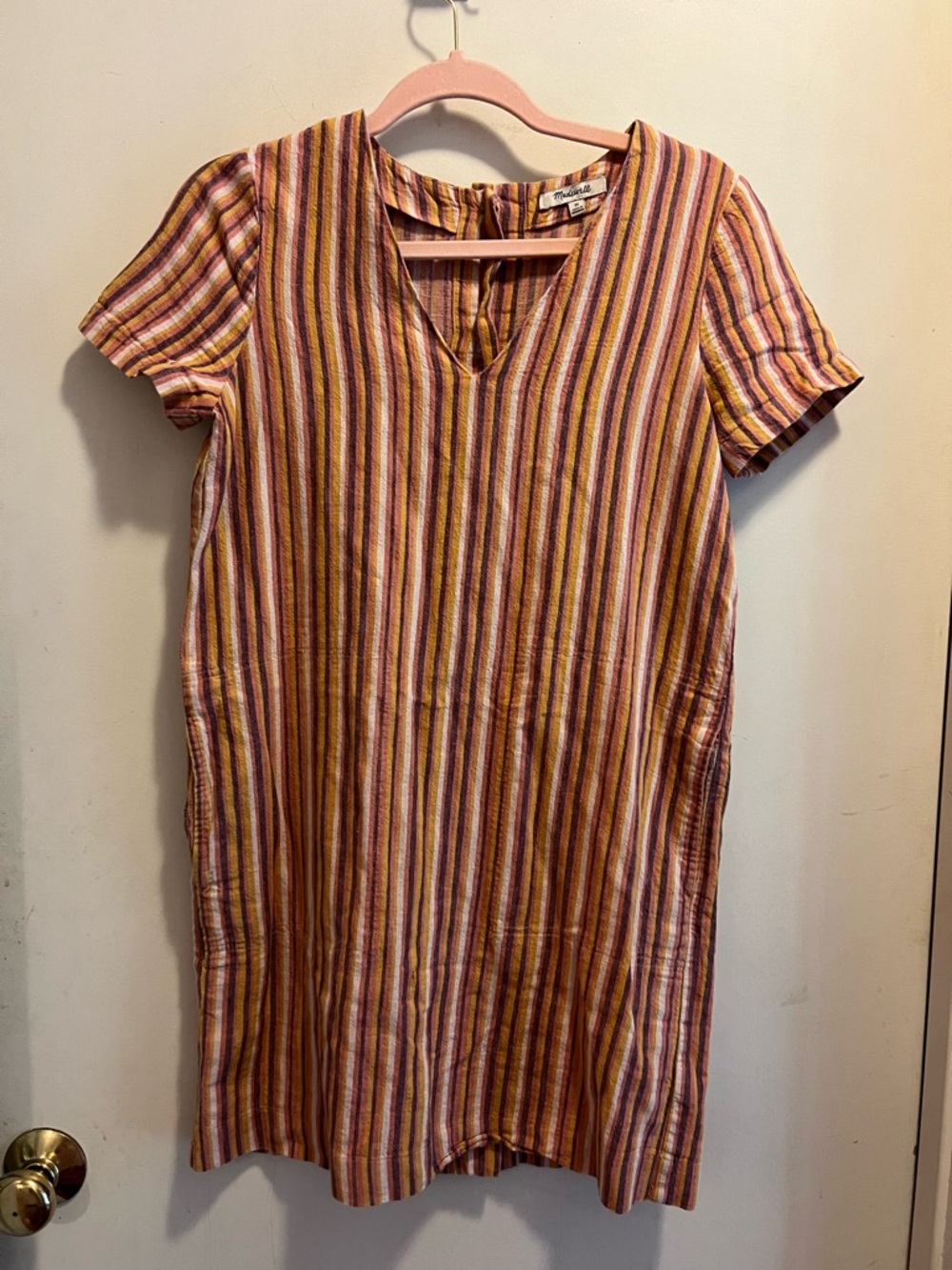 Madewell Linen Button-Back Stripped V-neck Short Sleeve Dress - Picture 6 of 11